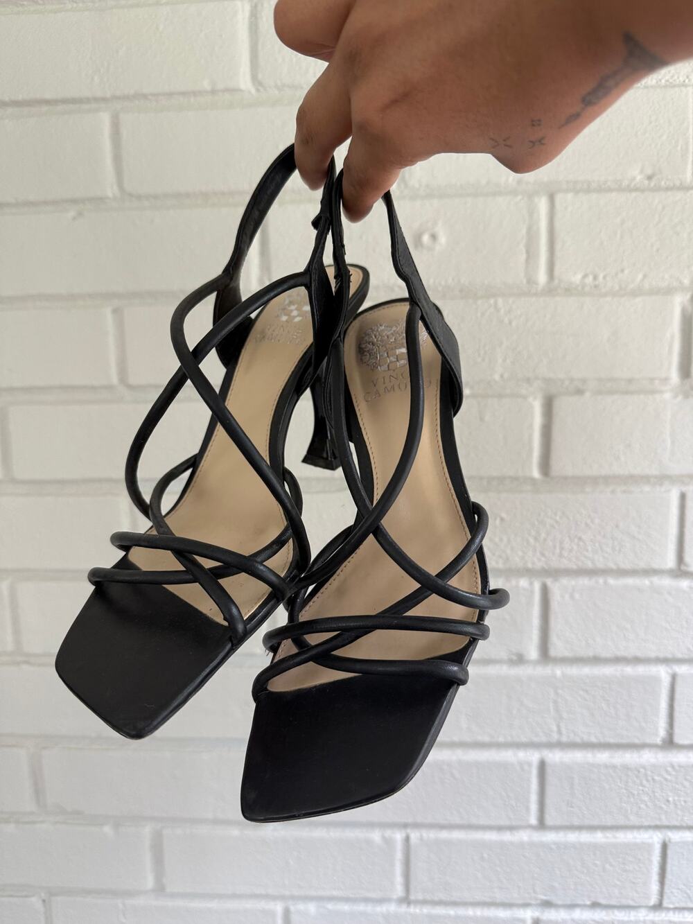 Vince Camuto Black Strappy Square Toe Flared Heel Sandals Women's 7.5